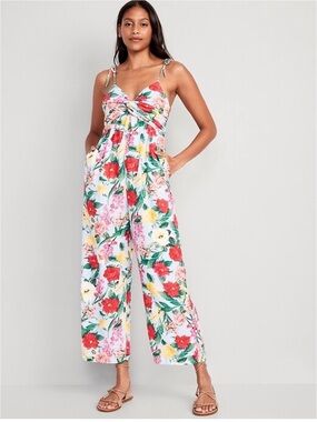 Old Navy White Floral Tie-Front Wide-Leg Jumpsuit with Red & Yellow Blooms